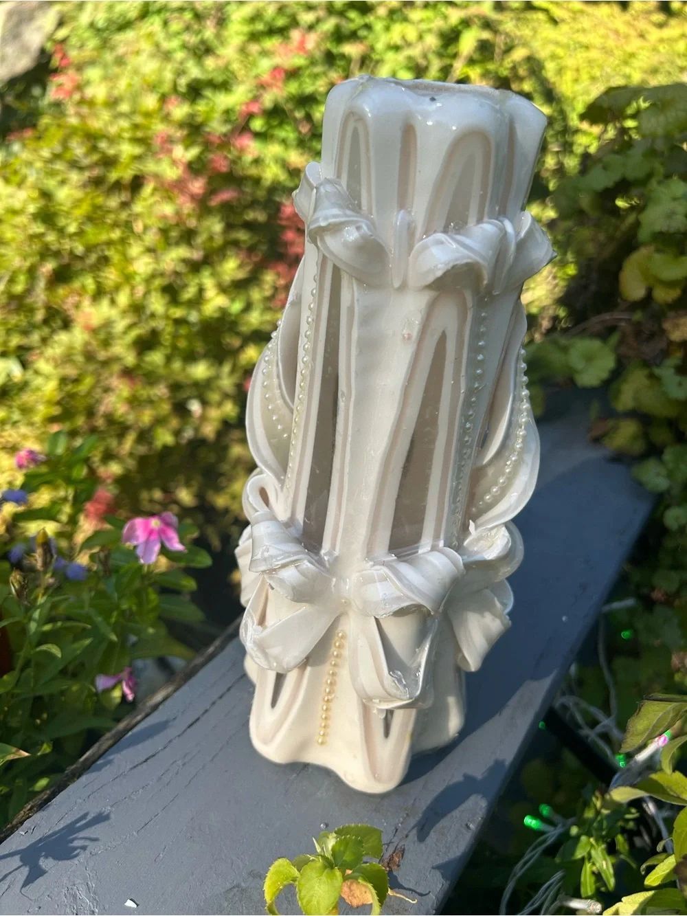 Vintage Decorative Carved Ribbon Pillar Candle - Cream